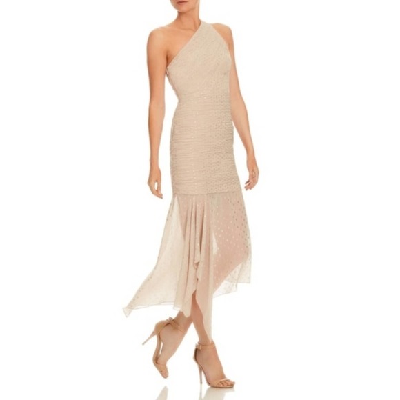 Halston Heritage One Shoulder Metallic Champagne Gold Trumpet Dress Size 8 - Picture 15 of 15